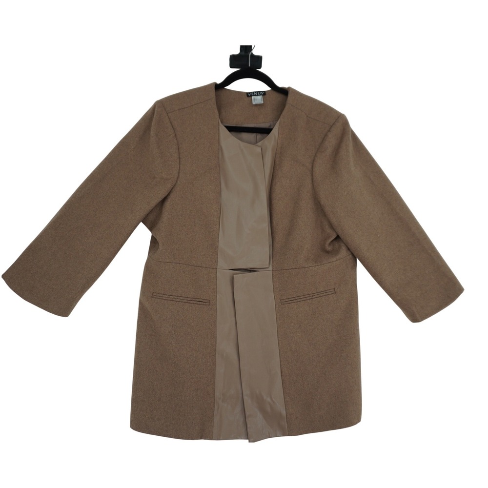 Venus Womens Plus Size 20 Brown Wool Blend Faux Leather Layered Front‎ jacket